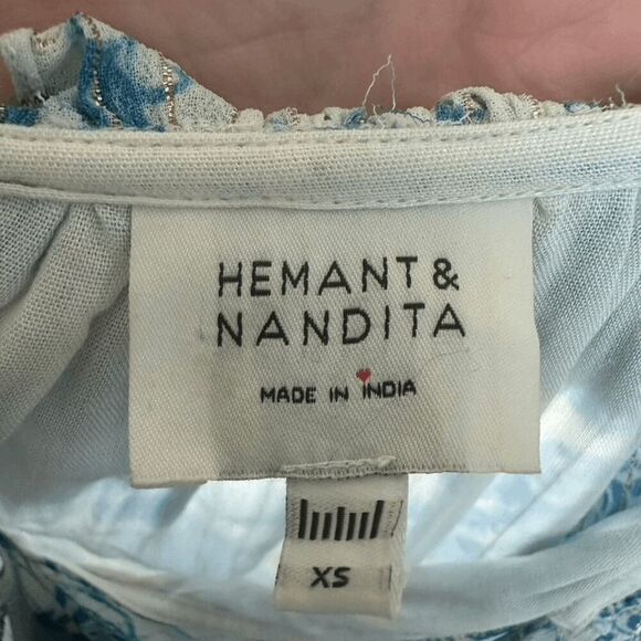 Hemant & Nandita Kaiyo Blue Floral Mini Dress Tassel Ties Boho Peasant Size XS - Picture 6 of 12